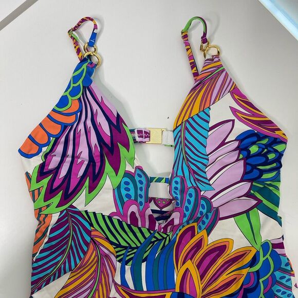 Trina Turk One Piece Swimsuit Size 8 10?  Multi Paradise Plume V Plunge Tropical - Picture 2 of 16